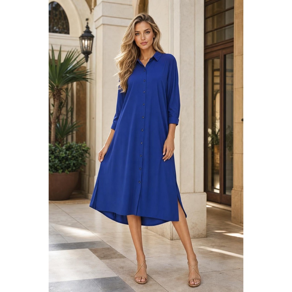 Susan Graver Every Day Shirt Dress Women's XLP Blue Midi Button Front Pockets